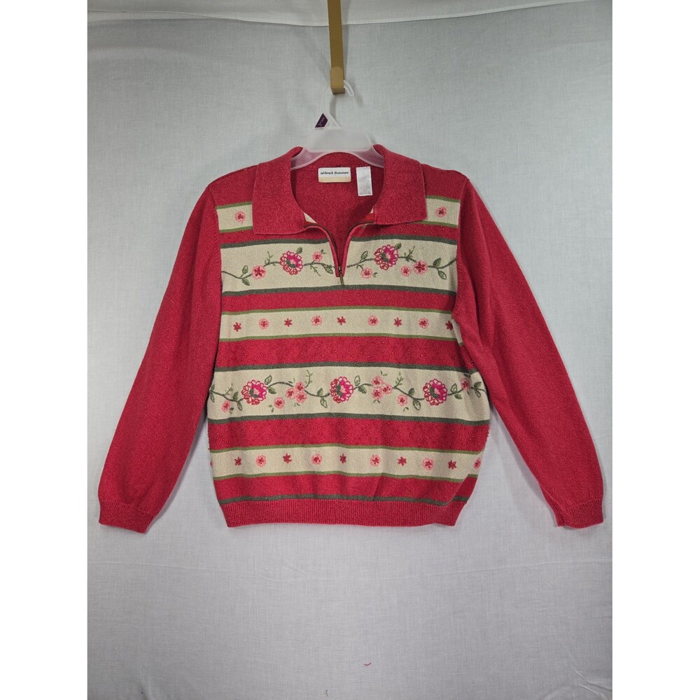 VINTAGE Alfred Dunner Floral Beaded Embroidered 1/4 Zip Coral Sweater Size 1X